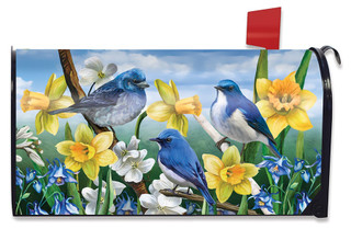 Briarwood Lane's colorful Bluebirds And Daffodils spring mailbox cover with bright birds and flowers.