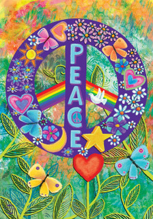 Briarwood Lane Peace Floral Garden Flag with colorful rainbow, heart, butterfly, and flower designs.