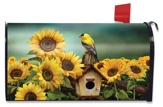 Briarwood Lane Goldfinch and Sunflowers printed mailbox cover with colorful, cheery design for spring and summer.