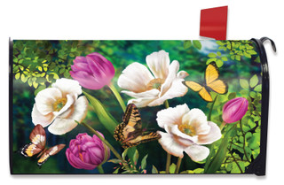 Briarwood Lane spring mailbox cover with colorful butterflies and poppies on a small printed decorative design.