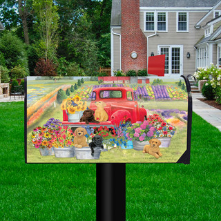 Briarwood Lane Spring Day Puppies decorative mailbox cover with colorful dog and springtime flower design.