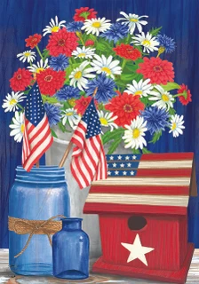 Briarwood Lane patriotic garden flag with red, white, and blue flowers and star spangled birdhouse.