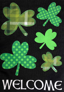 Briarwood Lane shamrock garden flag with Welcome text, green four-leaf clovers, saint patty's lucky decor.