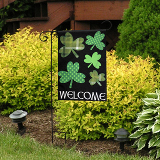 Briarwood Lane shamrock garden flag with welcome sign, colorful green clover on black burlap seasonal decor.