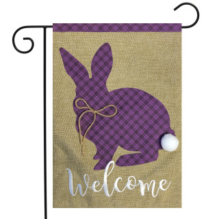 Briarwood Lane Cottontail Rabbit Spring Burlap Garden Flag with purple bunny and welcome text.