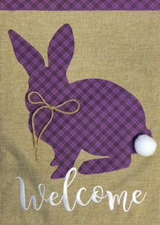 Briarwood Lane purple plaid Cottontail Rabbit Spring Burlap Garden Flag with Welcome text and white tail.