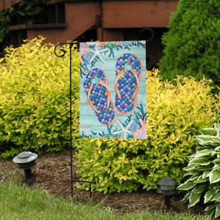 Briarwood Lane Enjoy Life Flip Flops garden flag with colorful sandals on a sunny spring porch.