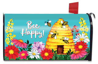 Briarwood Lane Bee Happy Hive spring mailbox cover with colorful printed flowers and cheery bees design.