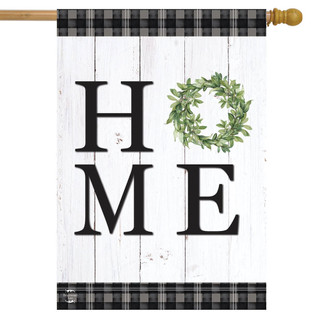 Briarwood Lane rustic double-sided home flag with green wreath and "HOME" text on white wood.