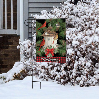 Briarwood Lane small printed garden flag with cardinals, festive Christmas winter scene, colorful holiday decor display.