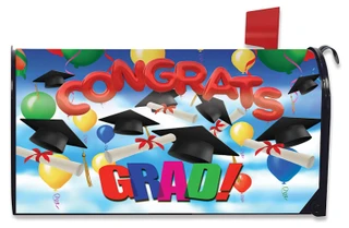 Briarwood Lane Congrats Graduation Mailbox Cover with cap and gown design, congratulations graduate school's out.