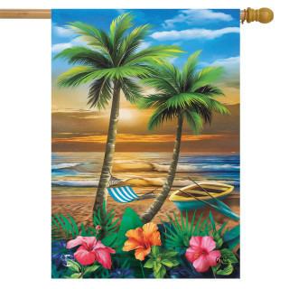 Briarwood Lane Sunset in Paradise house flag with palm trees, sand, and colorful flowers by ocean.