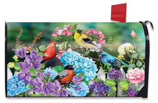 Briarwood Lane Feathered Friends Spring Mailbox Cover with colorful birds and flowers, cardinal, goldfinch, bluebird.