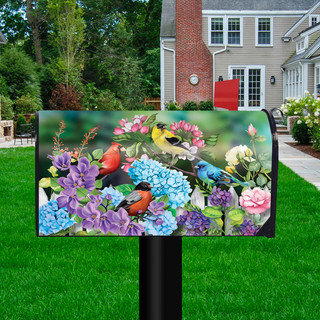 Briarwood Lane Feathered Friends Spring Mailbox Cover with colorful birds and flowers on a lawn.