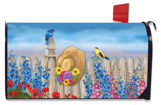 Briarwood Lane Green Thumb Spring Mailbox Cover with blue bird, goldfinch, flowers on wooden fence.