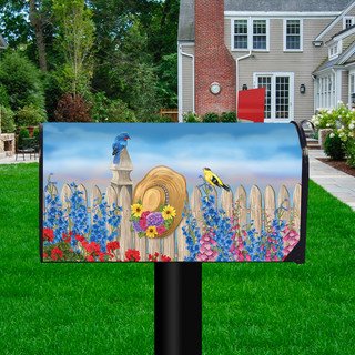 Briarwood Lane Green Thumb Spring Mailbox Cover with blue bird, goldfinch, flowers on wooden fence.