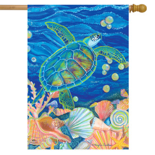 Briarwood Lane colorful sea turtle house flag with ocean and seashells design for summer porch display.