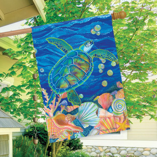 Briarwood Lane colorful sea turtle house flag with ocean scene on a sunny porch display.