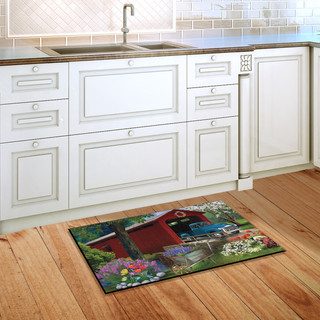 Briarwood Lane small printed doormat with colorful bridge and spring scene on kitchen floor.