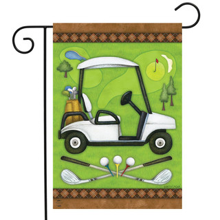 Briarwood Lane small printed garden flag with colorful golf themed springtime design on green background.