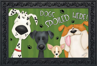 Briarwood Lane Spoiled Dogs Fall Doormat with colorful dog faces and pawprints on green background.