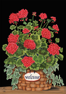 Briarwood Lane Welcome Geraniums small printed garden flag with colorful flowers on a woven basket pot.