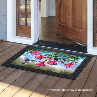 Briarwood Lane colorful spring doormat with hummingbirds and flowers on a small printed decorative porch floormat.