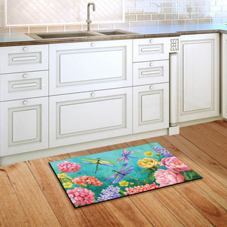Briarwood Lane Dragonfly Garden Spring doormat on kitchen floor with colorful floral printed design display.