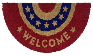 Briarwood Lane colorful patriotic coir doormat with welcome message and stars, made from sustainable coconut fiber.