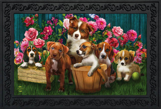 Briarwood Lane In The Garden Spring Doormat with playful puppies and colorful flowers design.