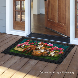 Briarwood Lane In The Garden Spring Doormat with colorful puppy and flowers on a porch.