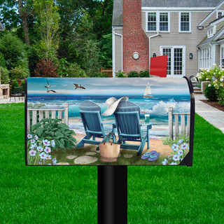 Briarwood Lane Seaside Escape Summer Mailbox Cover with sailboat, sand, and colorful beach scene design.