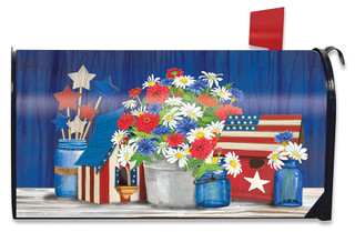 Briarwood Lane Red White and Blue Patriotic Mailbox Cover with stars and stripes floral design.