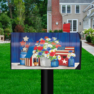 Briarwood Lane patriotic mailbox cover with red, white, and blue flowers and American flag design.
