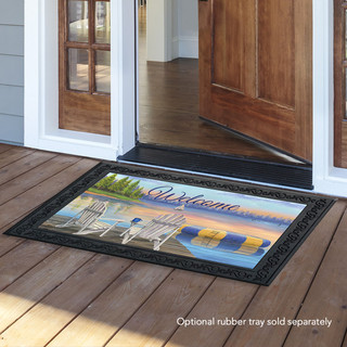 Briarwood Lane Waterfront Retreat doormat with lake, sand, and umbrella design for porch display.
