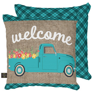 Briarwood Lane Springtime Pickup decorative outdoor accent pillow with teal truck and colorful flowers design.