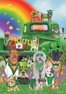 Briarwood Lane Lucky Pups St. Patrick's Day flag with colorful dogs and shamrock design outdoors.