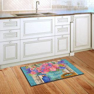 Briarwood Lane Farm Fresh Peonies Spring Doormat, colorful decorative mat with flowers on wooden floor.