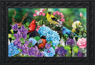 Briarwood Lane's colorful spring doormat with bluebird, goldfinch, cardinal on vibrant flowers and foliage.