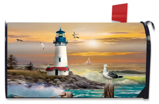 Briarwood Lane Sunset Lighthouse Summer Mailbox Cover with seagulls, sun, and ocean on colorful decorative design.