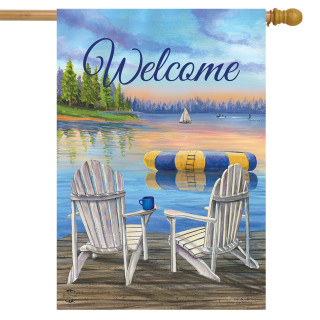 Briarwood Lane Waterfront Retreat flag with lake dock scene and welcome message on colorful fabric.