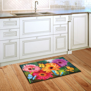 Briarwood Lane small printed doormat with colorful springtime flowers and butterflies on a kitchen floor.