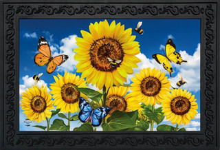 Briarwood Lane Sunflowers and Bees Summer Doormat with butterflies and flowers on blue background.