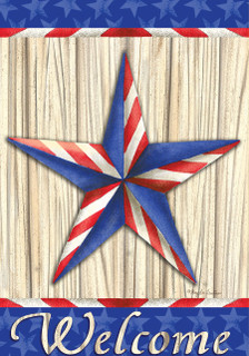 Briarwood Lane Patriotic Barnstar Garden Flag with red, white, and blue stars on rustic wood background.