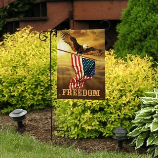 Briarwood Lane patriotic garden flag with eagle and American flag, red, white, and blue colors.