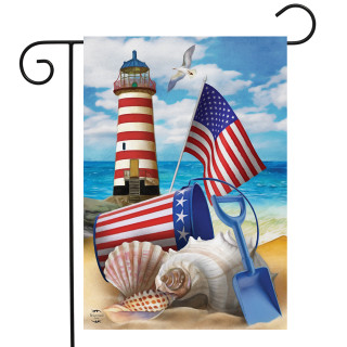 Briarwood Lane Sea To Shining Sea Garden Flag with patriotic American beach scene and lighthouse.