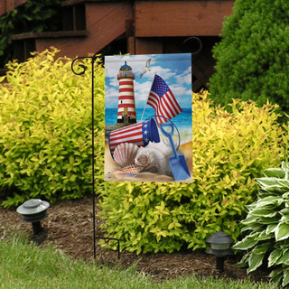 Briarwood Lane Sea To Shining Sea garden flag with patriotic American lighthouse and stripes design.