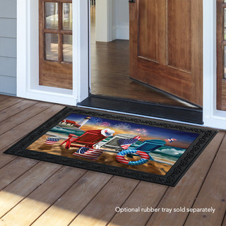 Briarwood Lane Beachfront Fireworks Summer Doormat with vibrant beach and fireworks design on wooden porch.