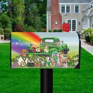 Briarwood Lane Lucky Pups St. Patrick's Day mailbox cover with colorful dogs and shamrock design.