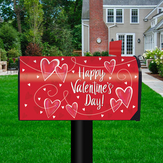 Red Briarwood Lane String of Hearts Valentine's Day mailbox cover with white hearts and text.